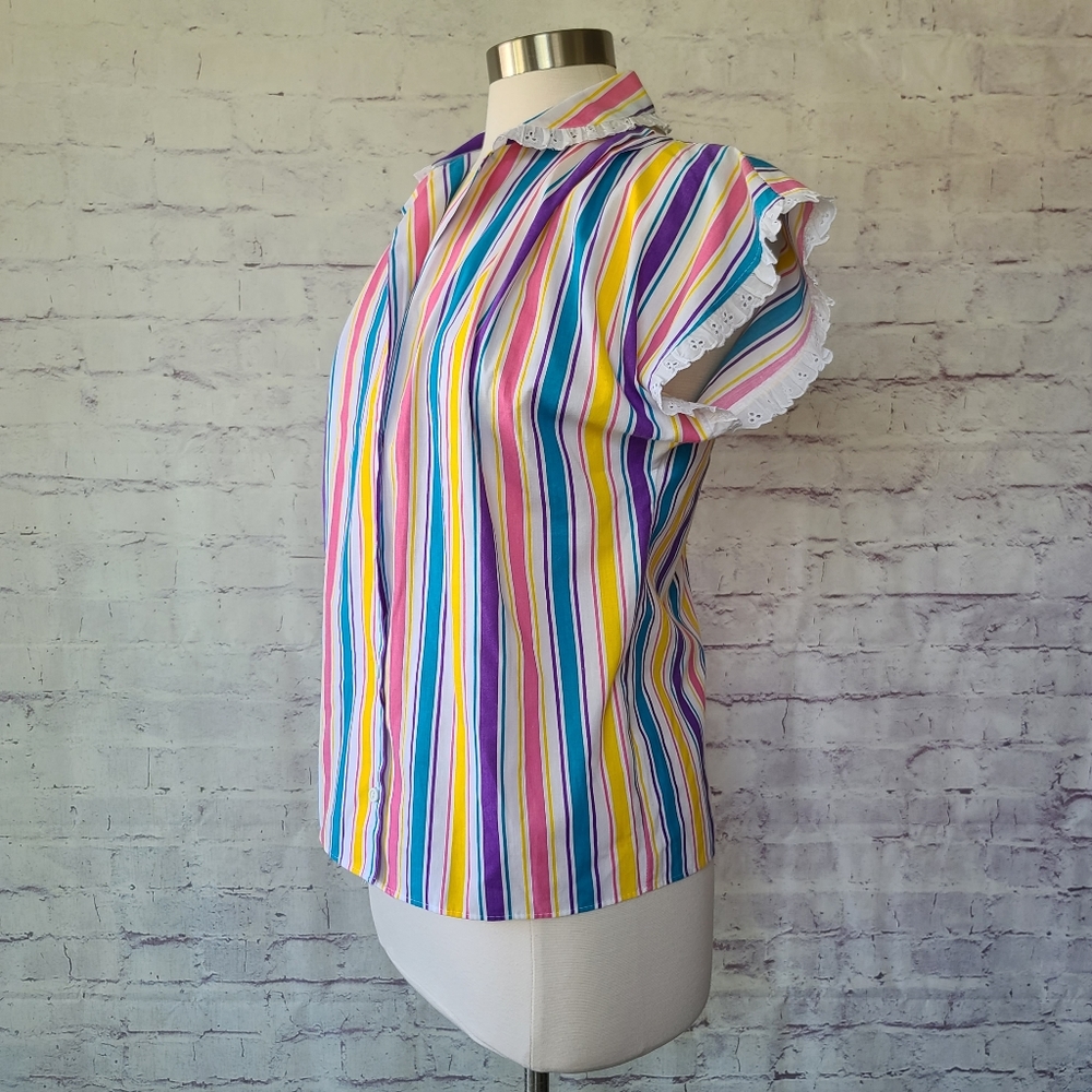 Vintage 80s J.F.I. Colorful Stripe Short Sleeve Button Front Top Lace Trim Small - Picture 4 of 11